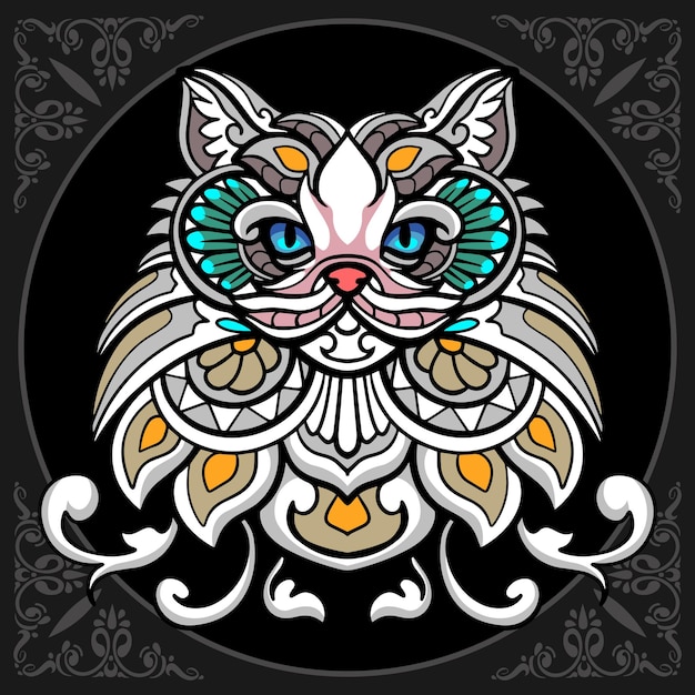 Kleurrijke schattige kat cartoon zentangle kunst geïsoleerd op zwarte achtergrond