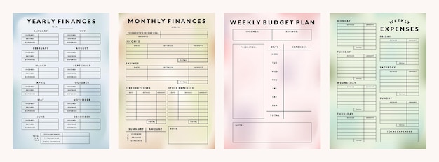 Kleurrijke set afdrukbare vectorbudgetplanner en financiële tracker-sjabloon