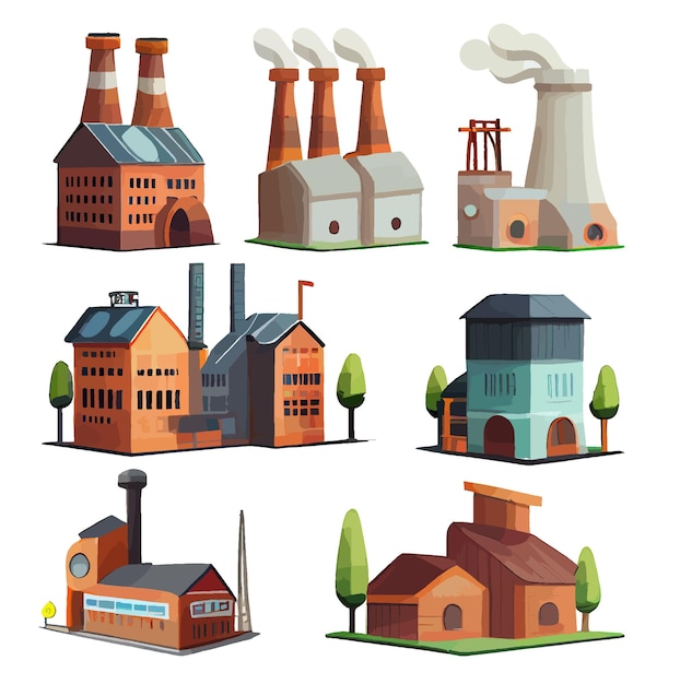 Kleurrijke set fabriek in cartoon stijl geïsoleerd op een witte achtergrond. Diverse soorten fabrieken