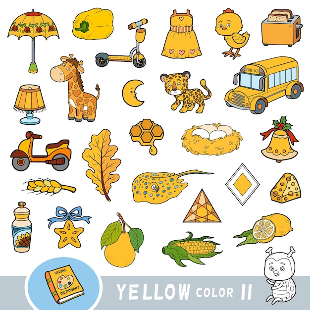 Kleurrijke set gele kleurobjecten Visueel woordenboek voor kinderen over de basiskleuren