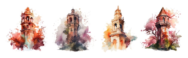 Kleurrijke set torens in aquarel stijl geïsoleerd op een witte achtergrond. Aquarel toren