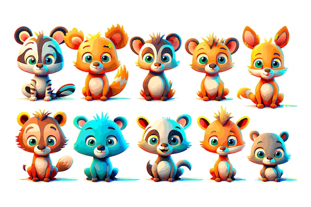 Vector kleurrijke set van baby cartoon dieren personages clipart set illustratie van wild dier