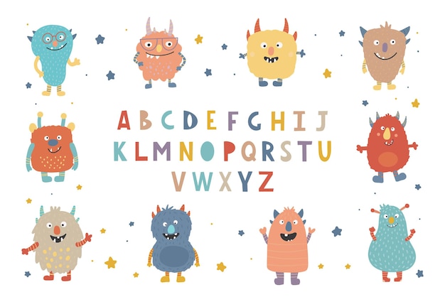 Kleurrijke set van schattige monsters. Verzameling van schattige stripfiguren in eenvoudige handgetekende Scandinavische stijl. ABC Alfabet decoratief lettertype voor kinderen. Leuk kleurenalfabet. baby belettering.