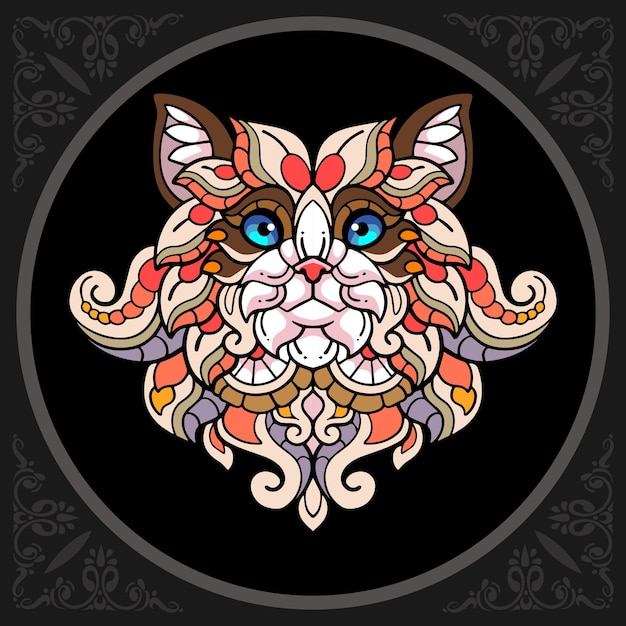 Kleurrijke siamese kat hoofd zentangle kunst geïsoleerd op zwarte achtergrond