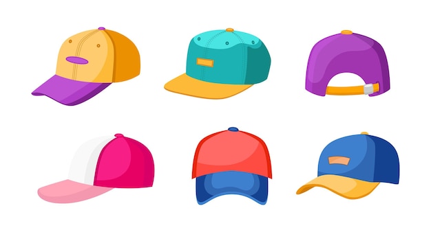 Kleurrijke sport caps en honkballen cartoon afbeelding set. oranje, blauw, roze, rood hoofd slijtage, hoed voor atleten en sporters voor bescherming tegen de zon geïsoleerd op een witte achtergrond. kleding, stijlconcept