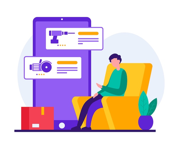 Kleurrijke stijl illustratie van karakter van moderne man zittend in een stoel en het gebruik van mobiele app op smartphone tijdens het bestellen van goederen voor reparatieservice