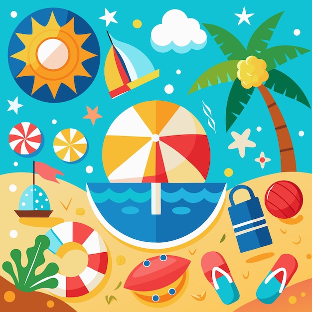 Kleurrijke strandillustratie met zonnepalm strandparaplu en verschillende strandaccessoires