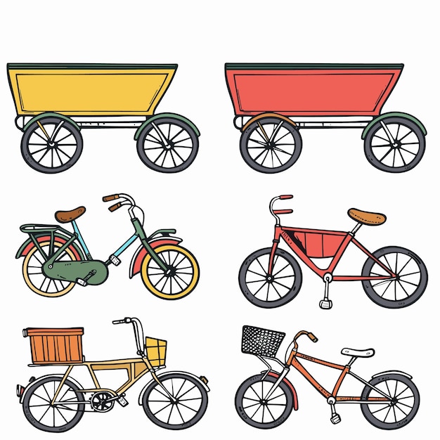 Vector kleurrijke tekening van verschillende voertuigen met wielen, waaronder een gele kar, een groene, oranje kinderfiets.