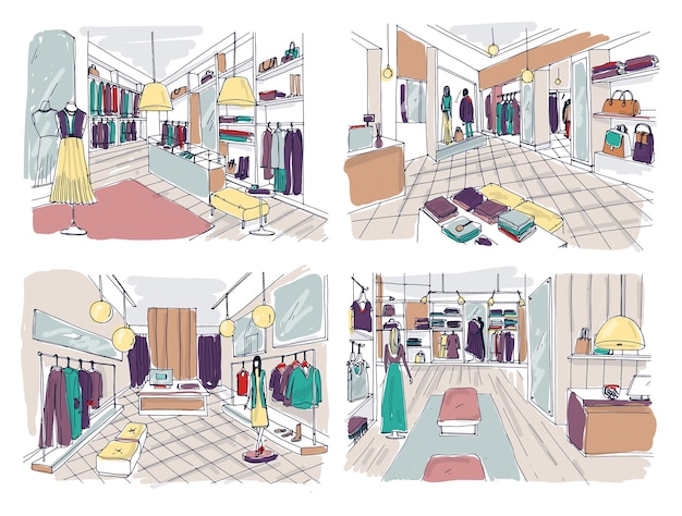 Kleurrijke tekeningen van kledingboetiek interieur met meubels, toonbanken, vitrines, mannequins gekleed in modieuze kleding. handgetekende modewinkel of trendy kledingwinkel. vector illustratie.