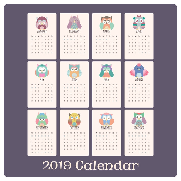 Kleurrijke uilkalender voor 2019