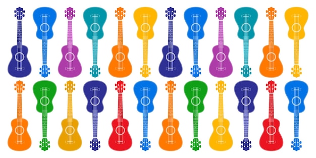 Kleurrijke ukeleles op een witte horizontale achtergrond levendige muzikale vector achtergrond