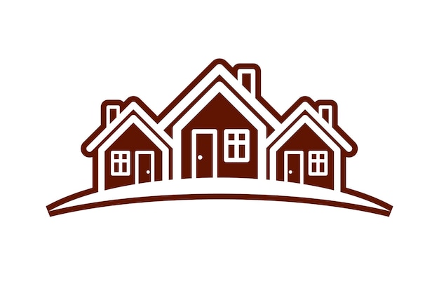 Kleurrijke vakantiehuizen vector illustratie, home afbeelding met horizon lijn. Toeristisch en onroerend goed creatief embleem, huisjes vooraanzicht.