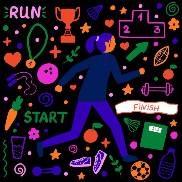 Kleurrijke vector hand getekende set sport cartoon doodle objecten symbolen en items lopende persoon