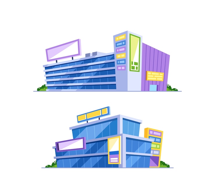 Vector kleurrijke vectorillustraties van moderne winkelcentra met glazen gevels en winkelgebouwen