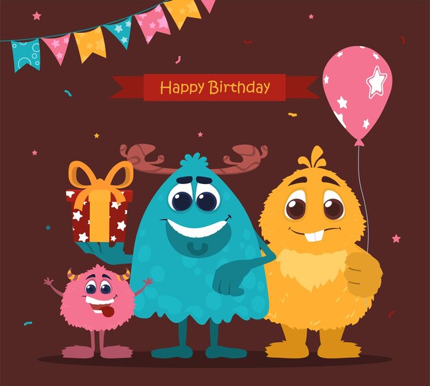 Kleurrijke verjaardagskaart sjabloon met schattige glimlachende monsters op bruine achtergrond een beetje vrolijk