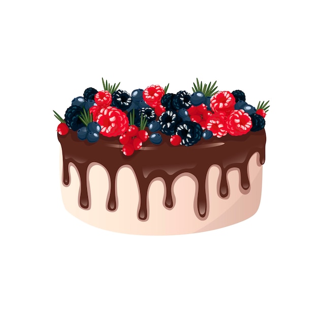 Kleurrijke verjaardagstaart versierd met bessen en gesmolten chocolade geïsoleerd op een witte achtergrond