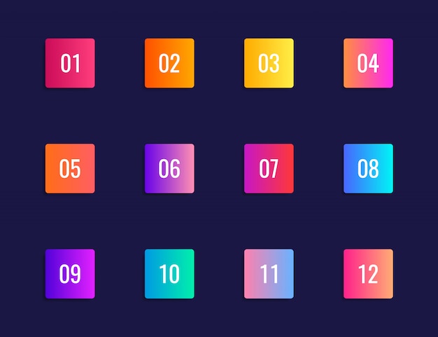 Kleurrijke verloopmarkeringen met nummer van 1 tot 12.