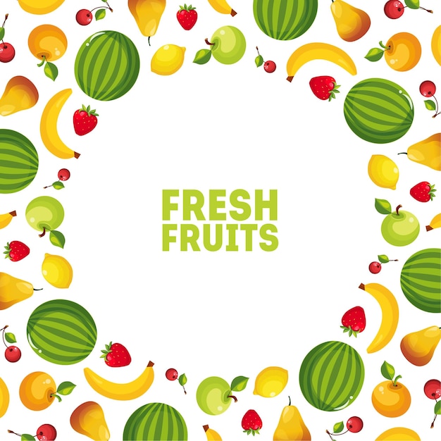 Kleurrijke verse groenten en fruitbanner met ruimte voor tekstvectorillustratie op witte achtergrond