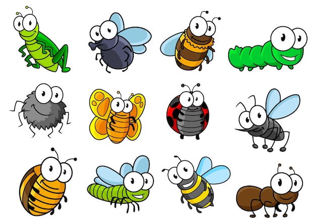 Vector kleurrijke verzameling van vector cartoon bugs en insecten met rupsen, lieveheersbeestje, vlinder, sprinkhaan, vlieg, spin, bij, horzel, wesp en mier