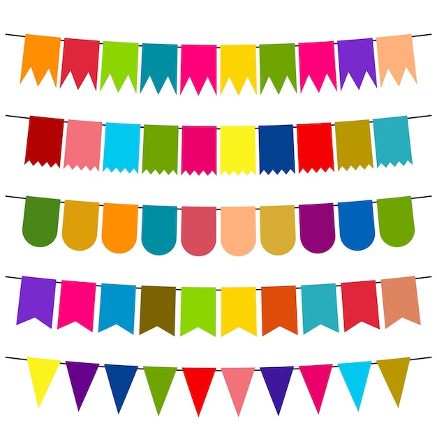 Kleurrijke vlaggen en slingerslingers voor decoratie. Decorelementen met verschillende patronen. vector illustratie