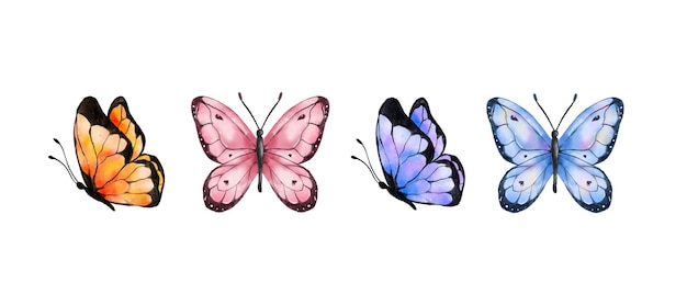 Kleurrijke vlinders aquarel geïsoleerd op een witte achtergrond blauw oranje paars en roze vlinder lente dier vectorillustratie