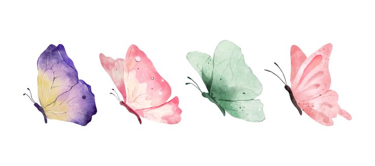 Kleurrijke vlinders aquarel geïsoleerd op een witte achtergrond Paars geel groen en roze vlinder Lente dierlijke vectorillustratie