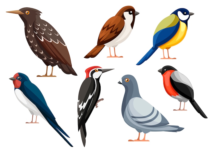 Vector kleurrijke vogelcollectie. duif, mus, mees, zwaluw, specht, spreeuw, goudvink. vogels pictogram. illustratie op witte achtergrond