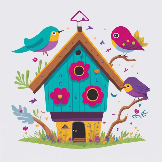 Kleurrijke vogelhuisjes cartoon vector illustratie witte achtergrond