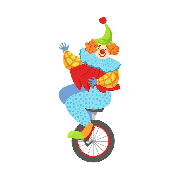 Kleurrijke vriendelijke clown balancerend op eenwieler in klassieke outfit