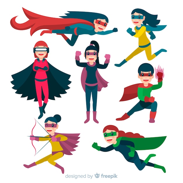 Kleurrijke vrouwelijke superheldencollectie met plat ontwerp