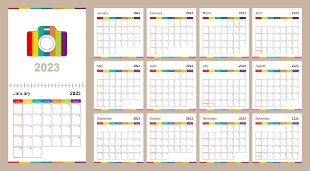 Vector kleurrijke wandkalender voor 2023 op beige achtergrondweek begint op zondag