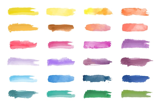 Kleurrijke waterverf penseelstreken in verschillende tinten Pence streken in geel oranje roze paars blauw en groen Levendige waterverf penselstreken Element vector set