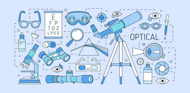 Kleurrijke webbannersjabloon met optische apparatuur, verschillende apparaten voor gezichtscorrectie, oogheelkundige hulpmiddelen, optische lenzen op blauwe achtergrond. Creatieve vectorillustratie in moderne lineaire stijl.