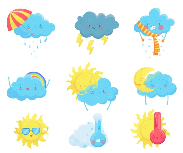 Kleurrijke weersvoorspellingspictogrammen. grappige cartoon zon en wolken. schattige gezichten met verschillende emoties. flat voor mobiele app, sociale netwerksticker, kinderboek of print
