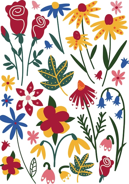 Kleurrijke wilde of tuin bloeiende bloemen bladeren kruidachtige bloeiende planten bloemig naadloos patroon seizoensgebonden decor vector illustratie op witte achtergrond