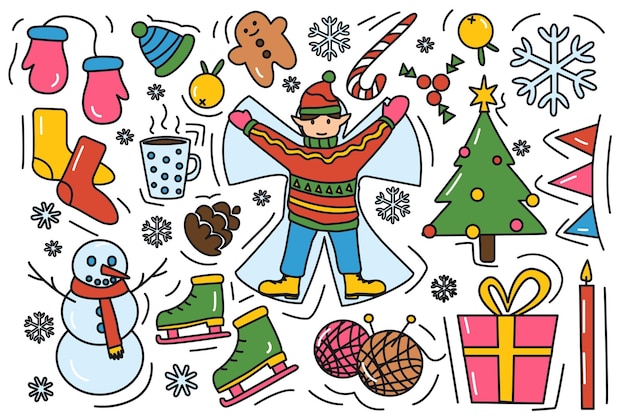 Kleurrijke winterstickers in plat design Creaties met grappige winterstickers in cartoonstijl
