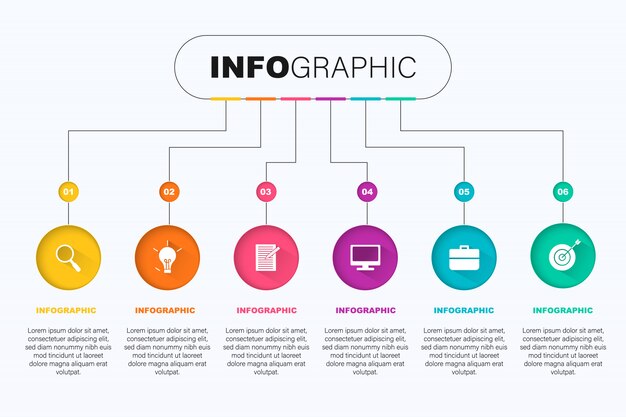 Kleurrijke zakelijke grafiek infographic met zes opties en plaats voor tekst op een witte achtergrond