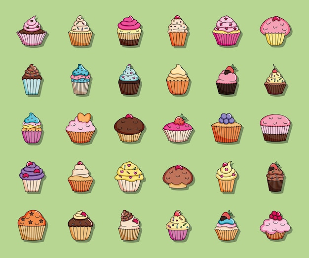 Vector kleurrijke zoete cupcakes die over groene achtergrond, illustratie worden geplaatst