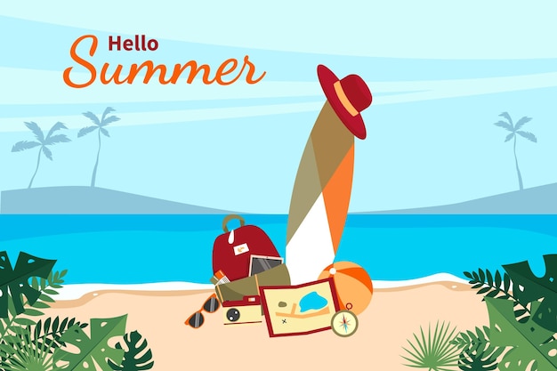 kleurrijke zomerse achtergrond met een strandtas en surfplank