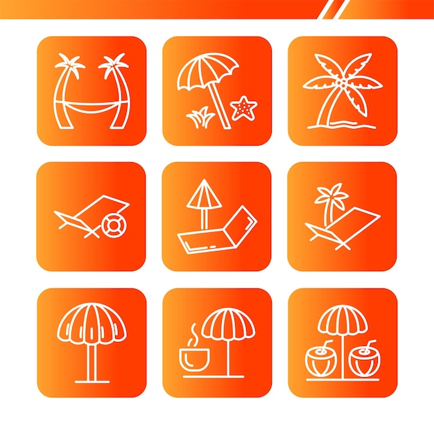 Vector kleurrijke zomervakantie web icon set outline icon set ontspannen op het strand en drinken kokosnoot