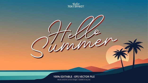 Kleurrijke zonsondergang over een strand met palmbomen en Hello Summer tekst in een stijlvol lettertype perfect voor zomer groeten ontwerpen