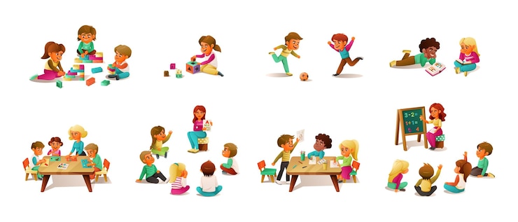 Vector kleuterschool cartoon kleurenset van volwassenen en kinderen tijd samen doorbrengen in spelletjes en klassen geïsoleerde vectorillustratie
