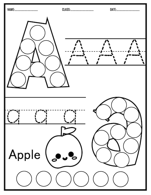 Vector kleuterschool tracing letters werkbladen alfabet traceren en kleur schattig dier, met dot markers.