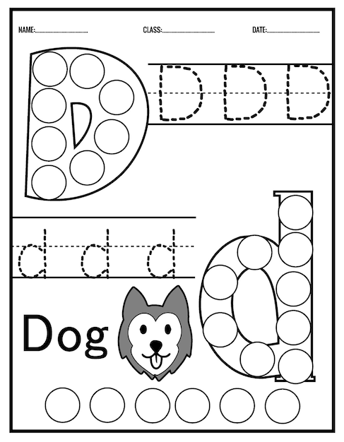 Vector kleuterschool tracing letters werkbladen alfabet traceren en kleur schattig dier, met dot markers.