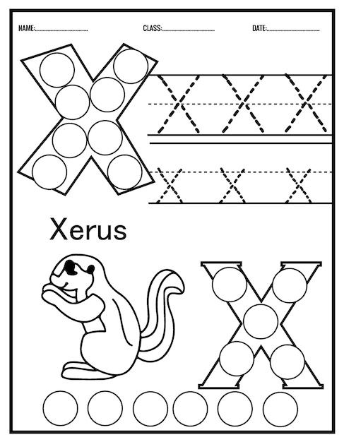 Vector kleuterschool tracing letters werkbladen alfabet traceren en kleur schattig dier, met dot markers.