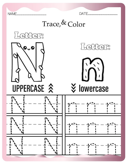 Vector kleuterschool tracing letters werkbladen, leuke alfabet tracing en kleurplaat.