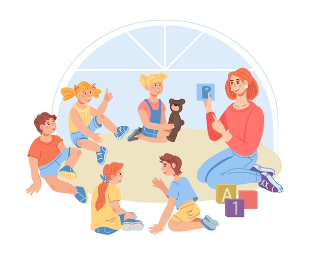 Kleuterschoolkinderengroep met leraar die brieven leert Kleuters bij lessen