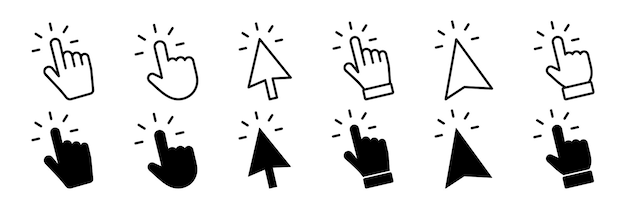 Klik Cursor Computer muis klik cursor Pointer klik Hand pointer symbool Klik vinger Pixel cursor of computer muis pointer Vector illustratie