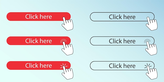 Vector klik hier knop. klik hier met de cursorhand. knop pictogrammen instellen. overzicht en gevuld