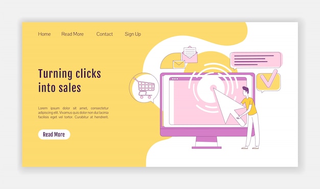 Klikken omzetten in silhouetsjabloon voor verkooplandingspagina's. lay-out van de homepage van ppc-marketing. website-interface van één pagina met stripfiguur. webbanner voor het genereren van verkeer, webpagina